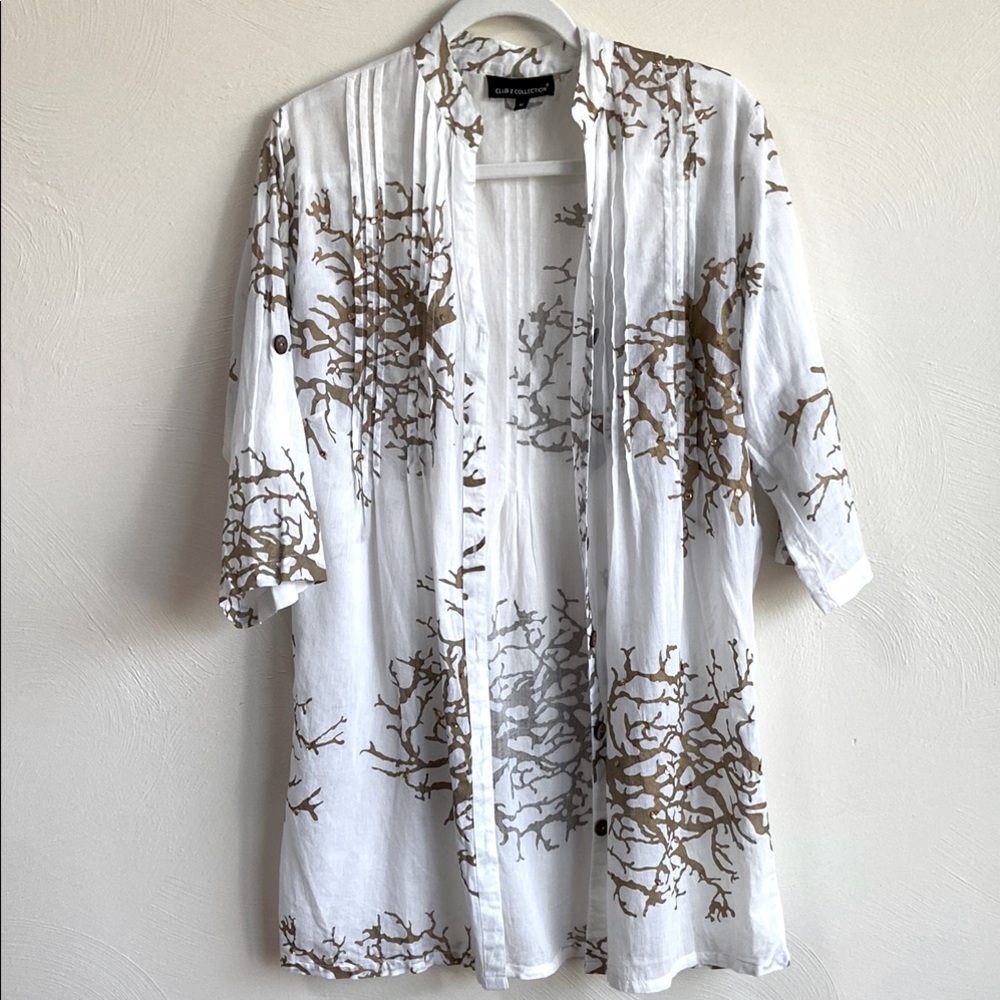 White and Brown  Button dawn Beach Cover Tunic Top 100% Breathable Cotton M